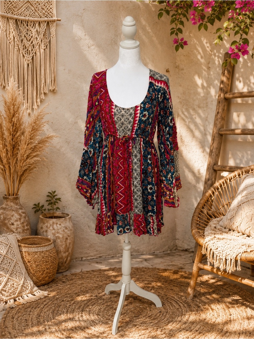 Rebellion Patchwork Boho Mini Dress Burgundy Navy Bell Sleeve Size L
